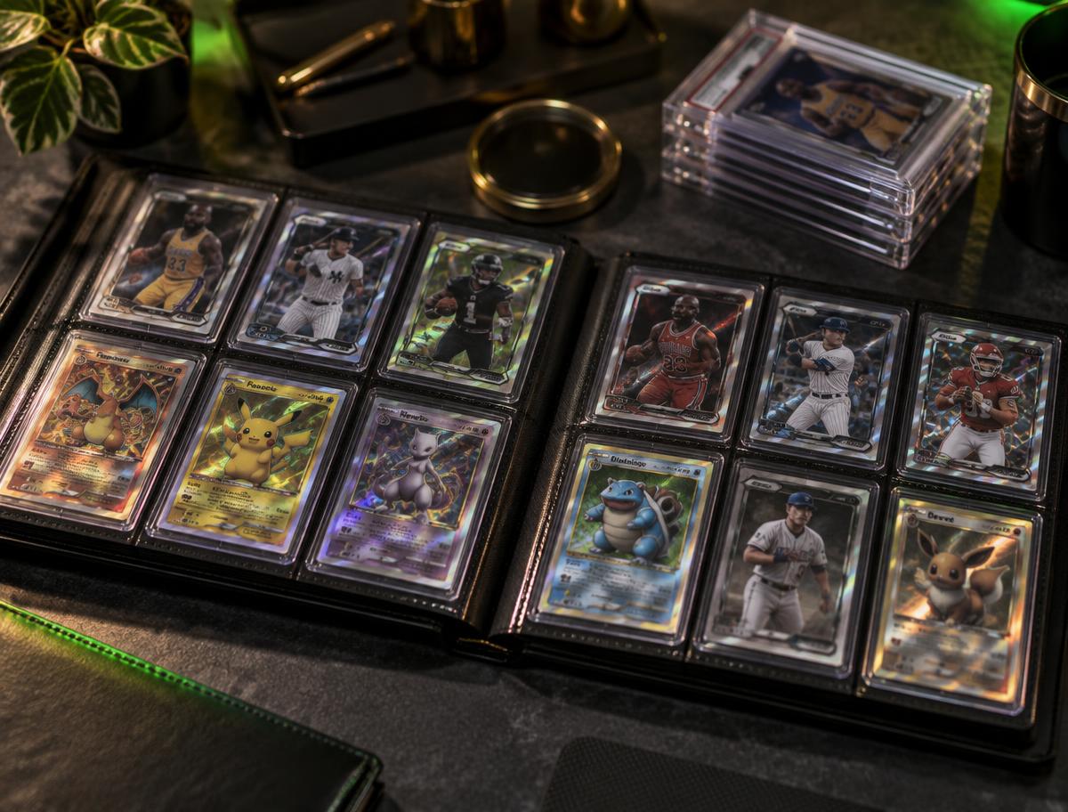 Trading card collection organized in a binder and top loaders