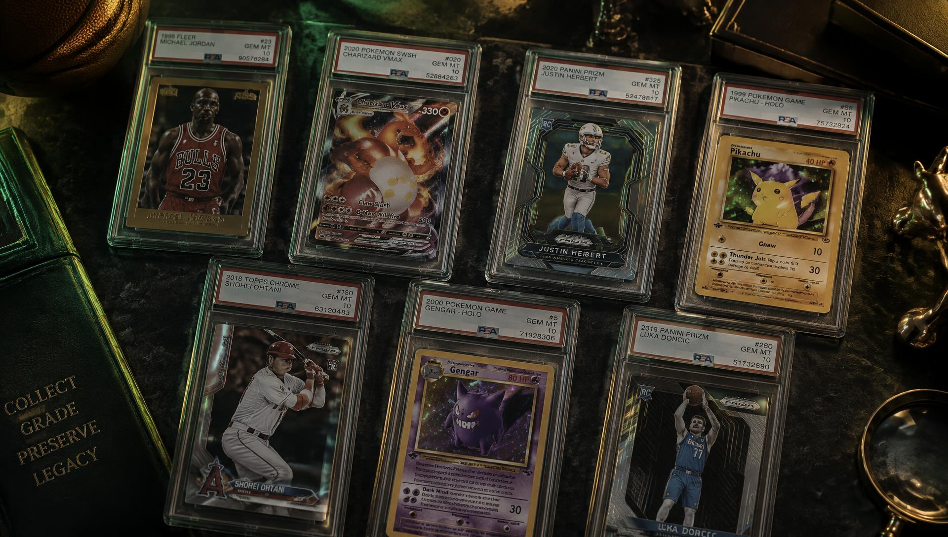 Premium trading cards in acrylic slabs on a dark surface