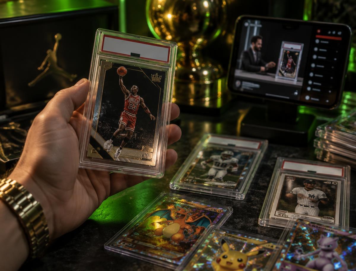 Collector holding a graded sports card while watching a live auction stream