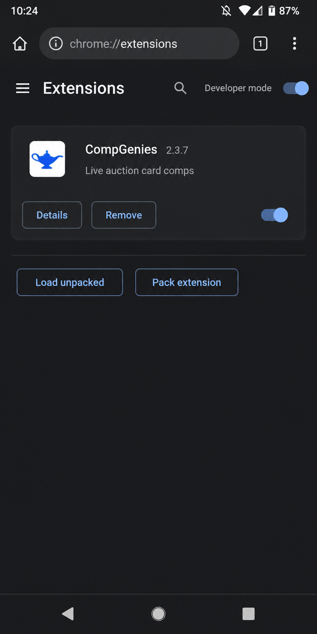 Kiwi Browser extensions page on Android with CompGenies installed