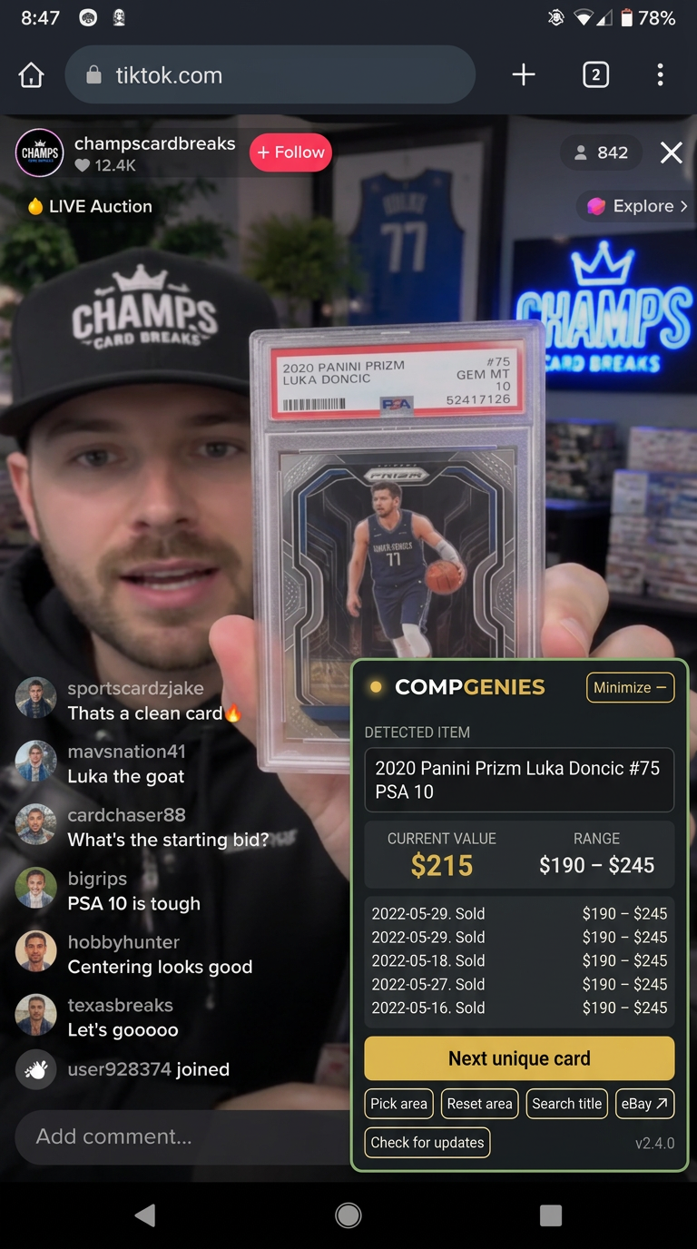 CompGenies overlay reading a Luka Doncic Prizm card during a TikTok Live auction in Kiwi on Android