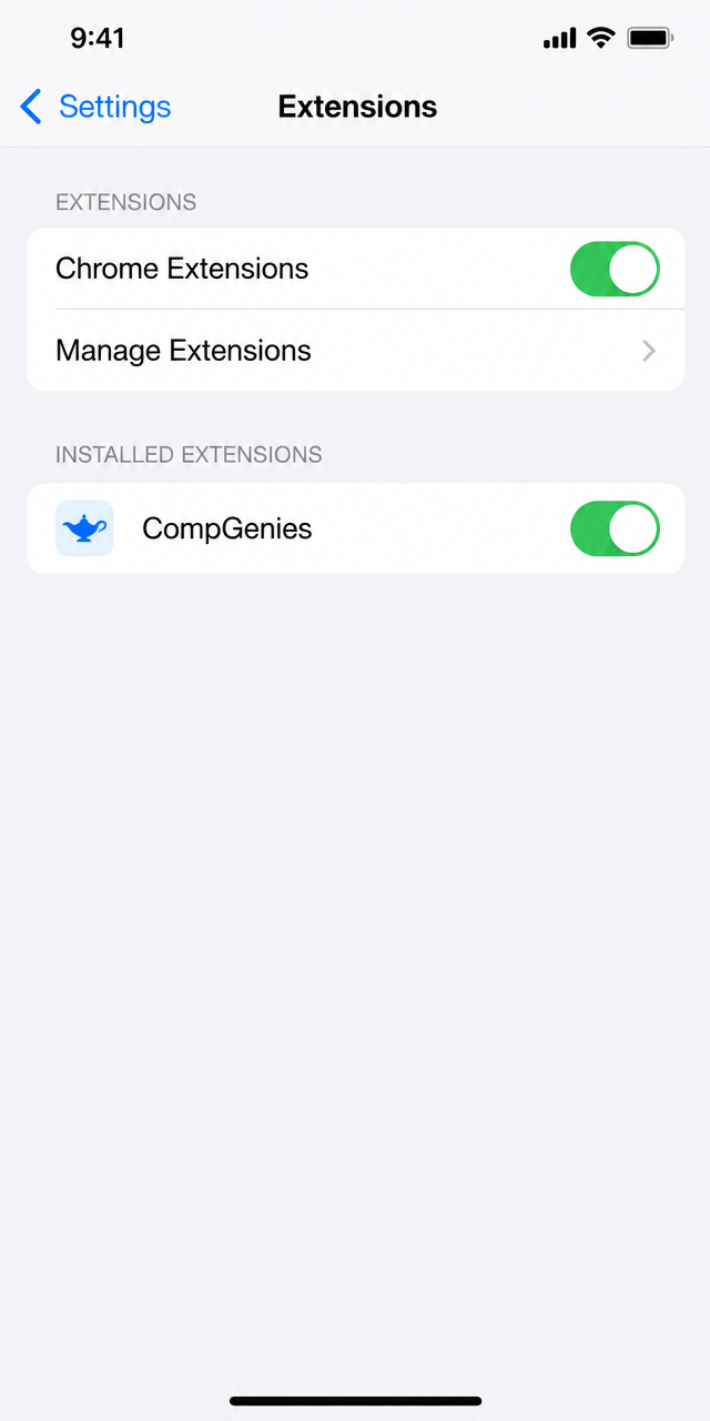 Orion Settings Extensions page on iPhone with the Chrome Extensions toggle on and CompGenies installed