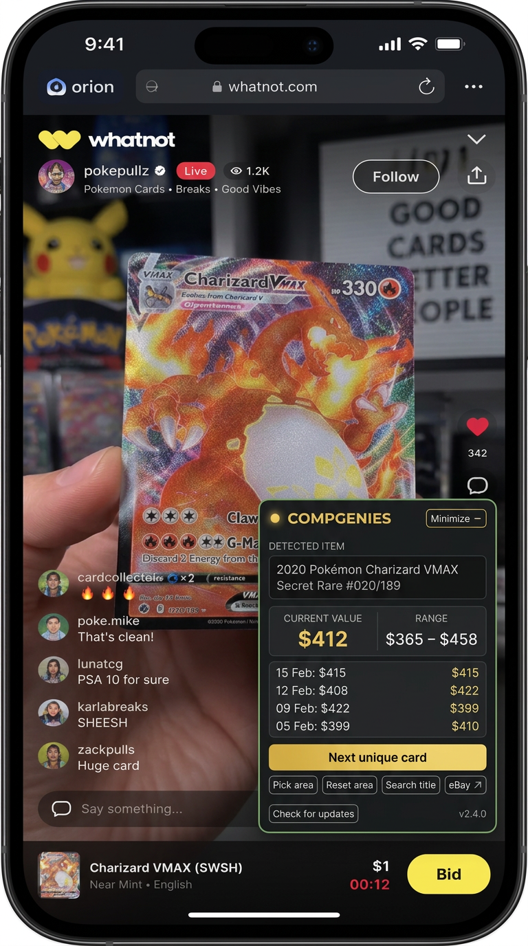 CompGenies overlay reading a Charizard VMAX card during a Whatnot live stream in Orion on iPhone